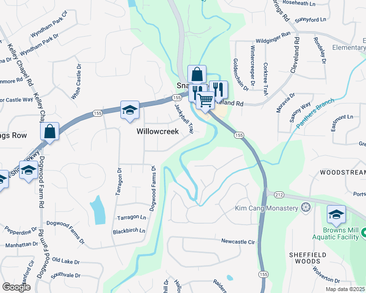 map of restaurants, bars, coffee shops, grocery stores, and more near 4551 Jackybell Trail in Decatur