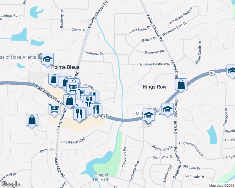 map of restaurants, bars, coffee shops, grocery stores, and more near 4114 Pinehurst Valley Drive in Decatur