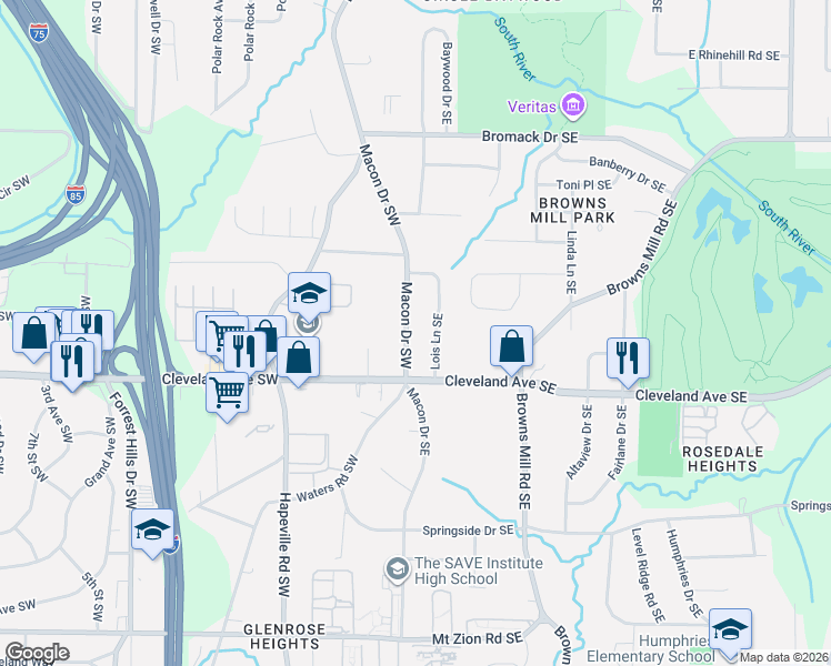 map of restaurants, bars, coffee shops, grocery stores, and more near 2644 Macon Drive Southwest in Atlanta