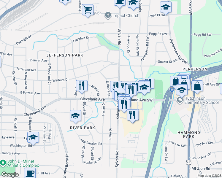 map of restaurants, bars, coffee shops, grocery stores, and more near 2660 Elsinore Street in Atlanta