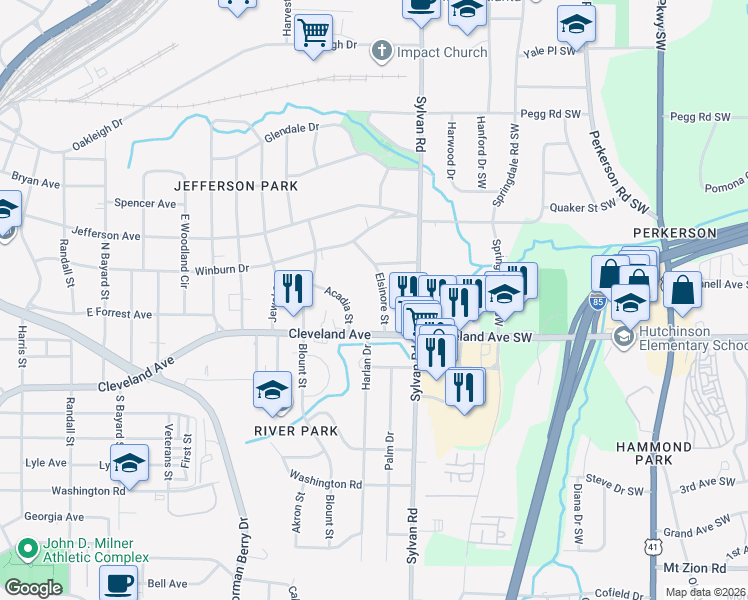 map of restaurants, bars, coffee shops, grocery stores, and more near 2655 Elsinore Street in East Point