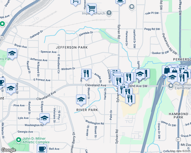 map of restaurants, bars, coffee shops, grocery stores, and more near 2652 Blount Street in East Point