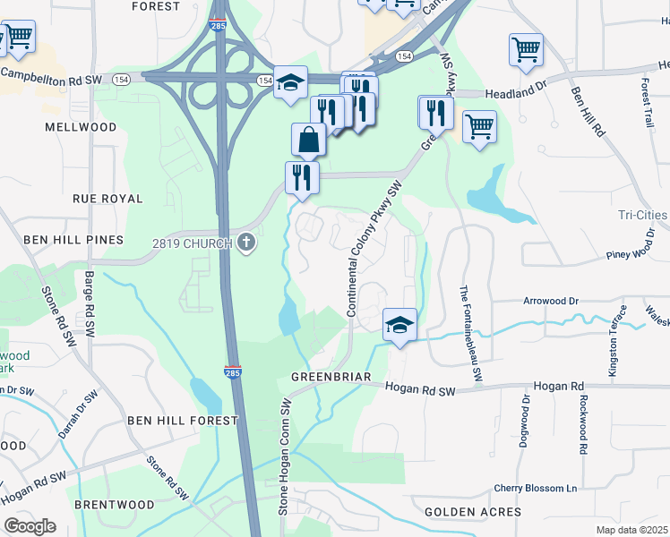 map of restaurants, bars, coffee shops, grocery stores, and more near 3033 Continental Colony Parkway Southwest in Atlanta