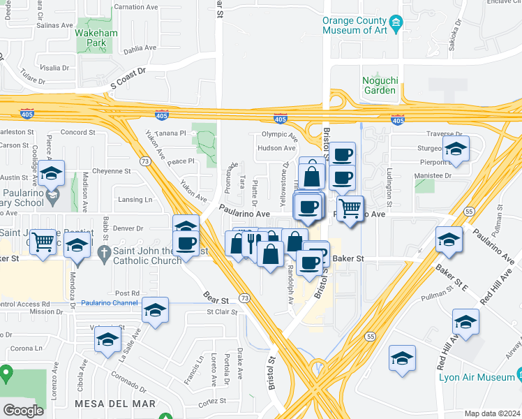 map of restaurants, bars, coffee shops, grocery stores, and more near 782 Paularino Avenue in Costa Mesa