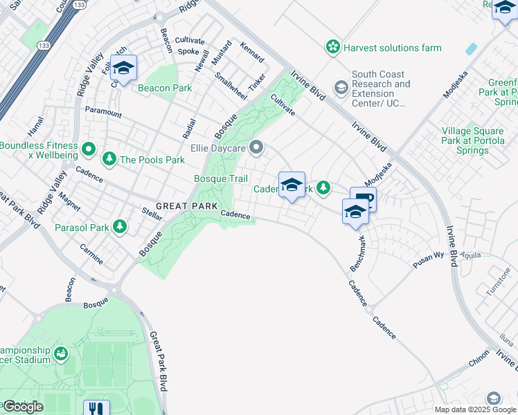 map of restaurants, bars, coffee shops, grocery stores, and more near 168 Crossover in Irvine