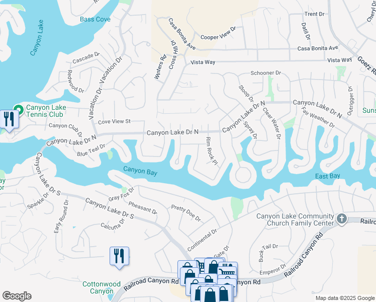 map of restaurants, bars, coffee shops, grocery stores, and more near 23185 Wild Rice Drive in Canyon Lake
