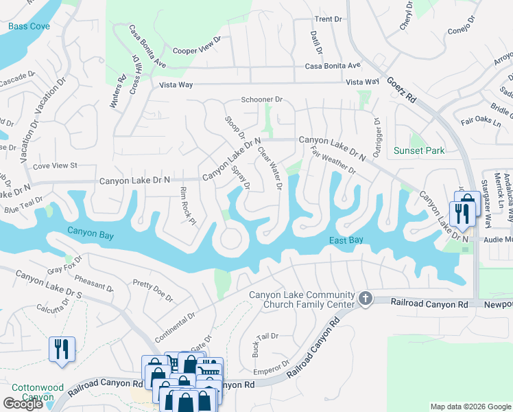 map of restaurants, bars, coffee shops, grocery stores, and more near 30310 Spray Drive in Canyon Lake