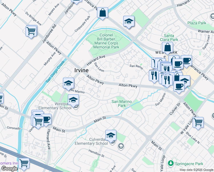 map of restaurants, bars, coffee shops, grocery stores, and more near 4 Alcira in Irvine