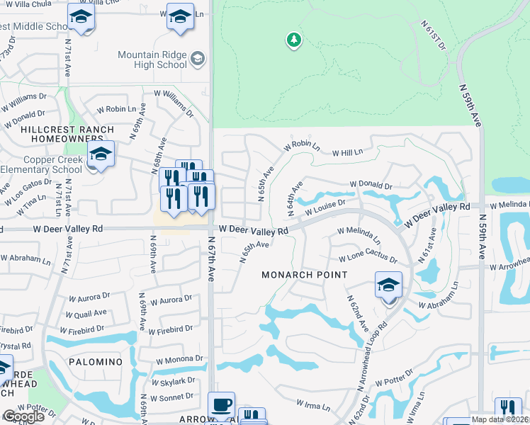 map of restaurants, bars, coffee shops, grocery stores, and more near 21915 North 65th Avenue in Glendale