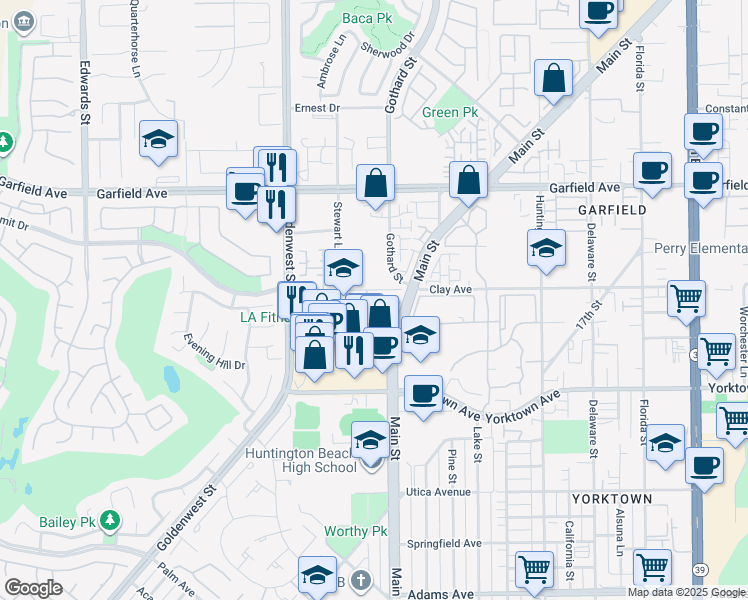map of restaurants, bars, coffee shops, grocery stores, and more near 7181 Garden Glen Court in Huntington Beach
