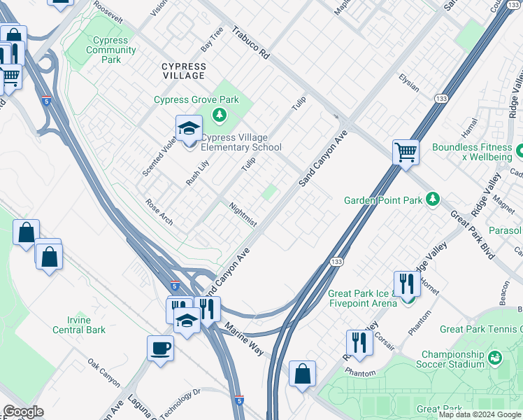 map of restaurants, bars, coffee shops, grocery stores, and more near 68 Granite Path in Irvine