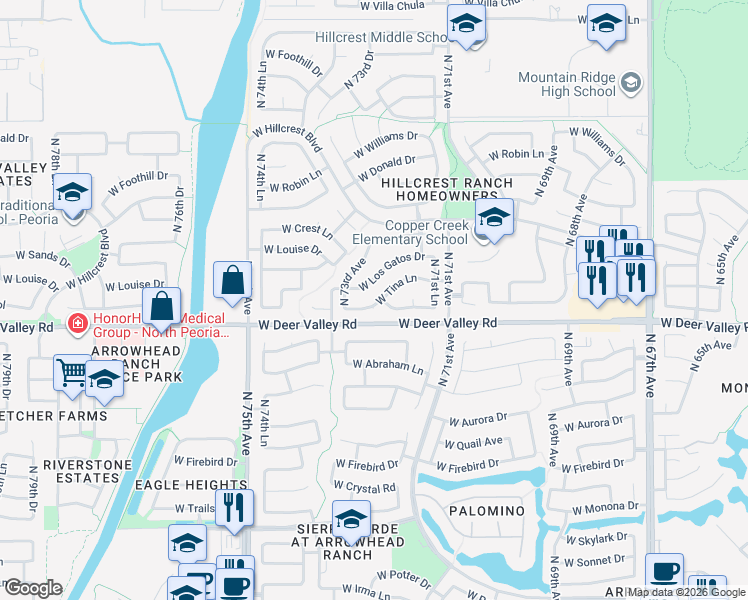 map of restaurants, bars, coffee shops, grocery stores, and more near 7254 West Tina Lane in Glendale