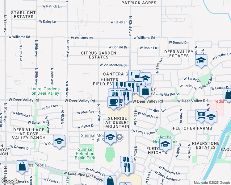 map of restaurants, bars, coffee shops, grocery stores, and more near 8330 West Deer Valley Road in Peoria