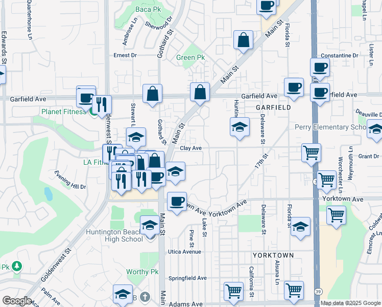 map of restaurants, bars, coffee shops, grocery stores, and more near 7362 Yellowtail Drive in Huntington Beach