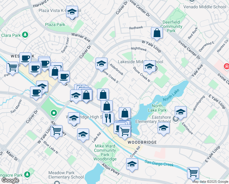 map of restaurants, bars, coffee shops, grocery stores, and more near 33 Whistling Swan in Irvine