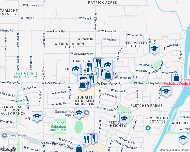 map of restaurants, bars, coffee shops, grocery stores, and more near 21823 North 83rd Avenue in Peoria