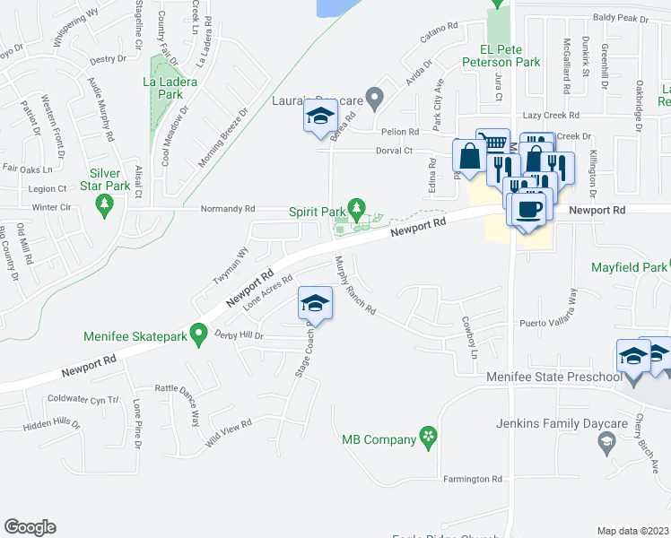 map of restaurants, bars, coffee shops, grocery stores, and more near 25485 Lone Acres Road in Menifee