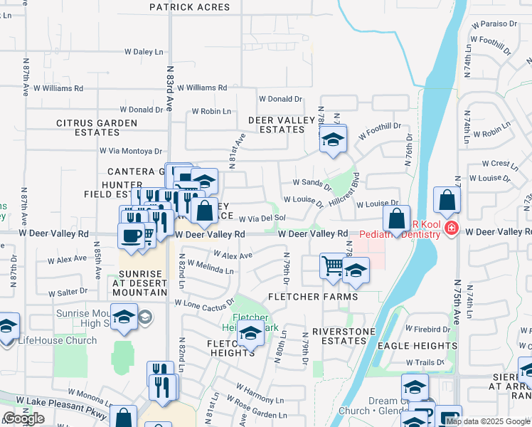 map of restaurants, bars, coffee shops, grocery stores, and more near 8026 West Vía Del Sol in Peoria