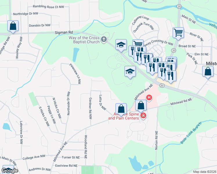 map of restaurants, bars, coffee shops, grocery stores, and more near 631 Oak Drive Northwest in Conyers