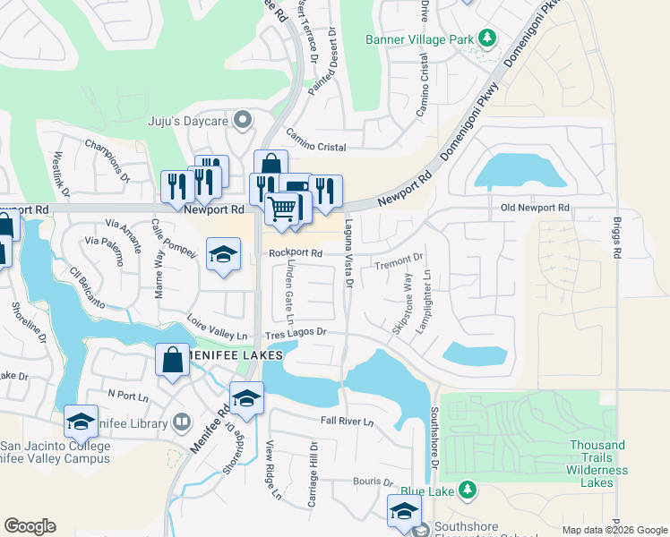 map of restaurants, bars, coffee shops, grocery stores, and more near Rockledge Dr & Bowsprit Way in Menifee