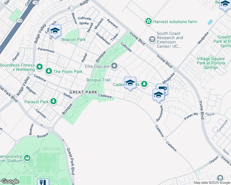 map of restaurants, bars, coffee shops, grocery stores, and more near 168 Crossover in Irvine