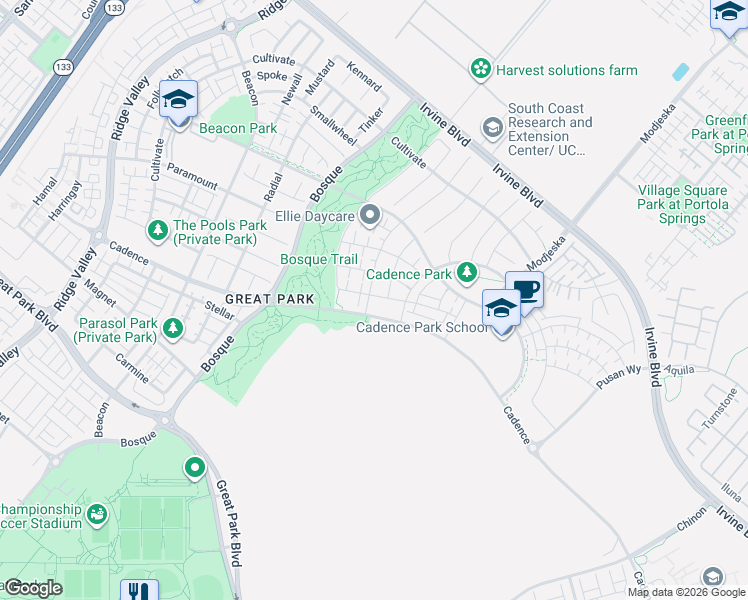 map of restaurants, bars, coffee shops, grocery stores, and more near 168 Crossover in Irvine