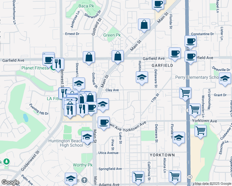 map of restaurants, bars, coffee shops, grocery stores, and more near 7402 Yellowtail Drive in Huntington Beach