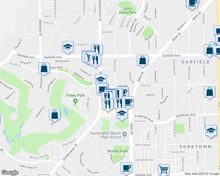 map of restaurants, bars, coffee shops, grocery stores, and more near 19265 Brookings Court in Huntington Beach