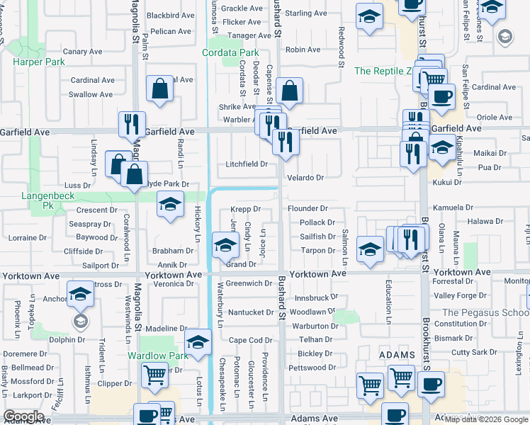 map of restaurants, bars, coffee shops, grocery stores, and more near 19292 Steven Lane in Huntington Beach
