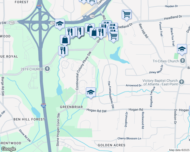 map of restaurants, bars, coffee shops, grocery stores, and more near Riviera Drive in Atlanta