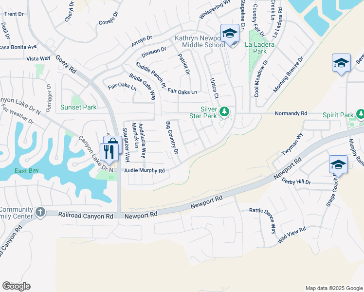 map of restaurants, bars, coffee shops, grocery stores, and more near 30195 Old Mill Road in Menifee