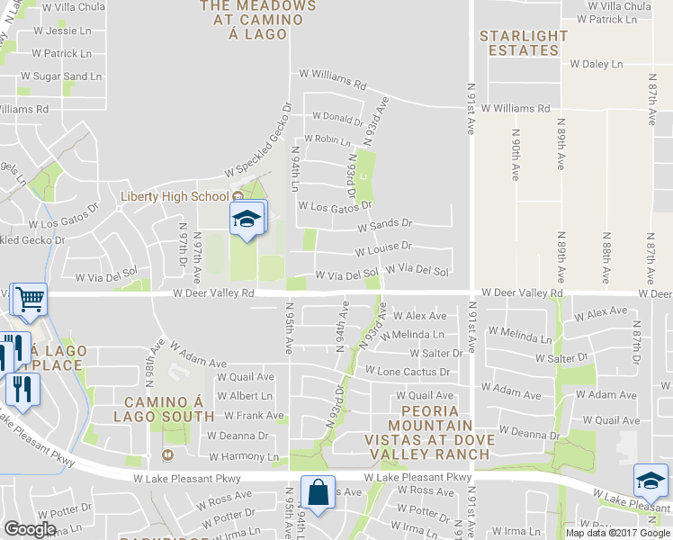 map of restaurants, bars, coffee shops, grocery stores, and more near 9368 West Via Del Sol in Peoria