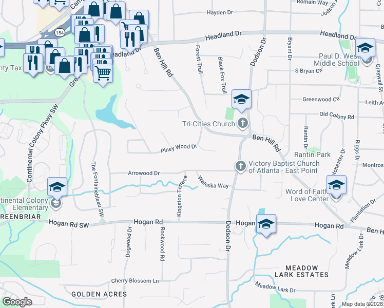 map of restaurants, bars, coffee shops, grocery stores, and more near 2710 Piney Wood Drive in East Point