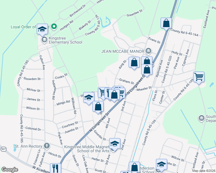 map of restaurants, bars, coffee shops, grocery stores, and more near 300 Giles Street in Kingstree