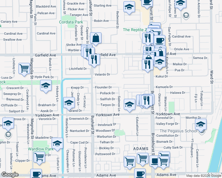 map of restaurants, bars, coffee shops, grocery stores, and more near 9652 Flounder Drive in Huntington Beach