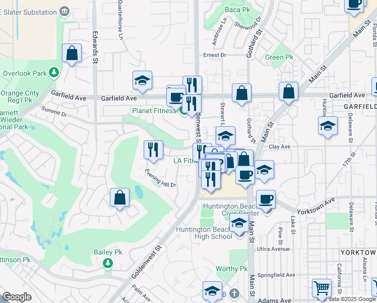 map of restaurants, bars, coffee shops, grocery stores, and more near 6951 Lawn Haven Drive in Huntington Beach