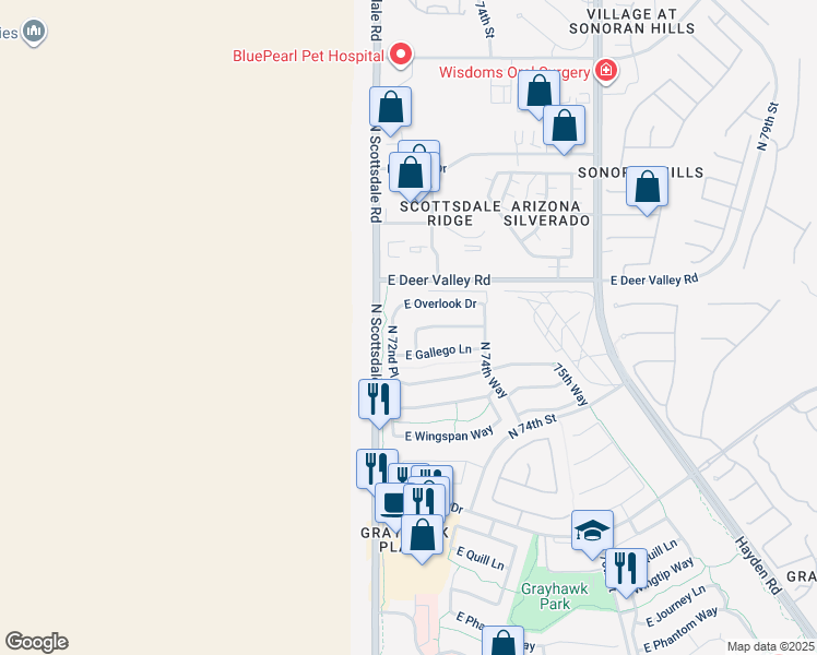 map of restaurants, bars, coffee shops, grocery stores, and more near 21570 North 72nd Way in Scottsdale