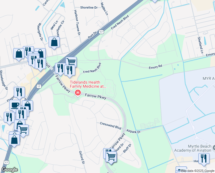 map of restaurants, bars, coffee shops, grocery stores, and more near 2501 Hammock st. in Myrtle Beach