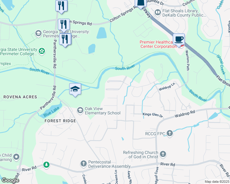 map of restaurants, bars, coffee shops, grocery stores, and more near 7302 Waldrop Place in Decatur