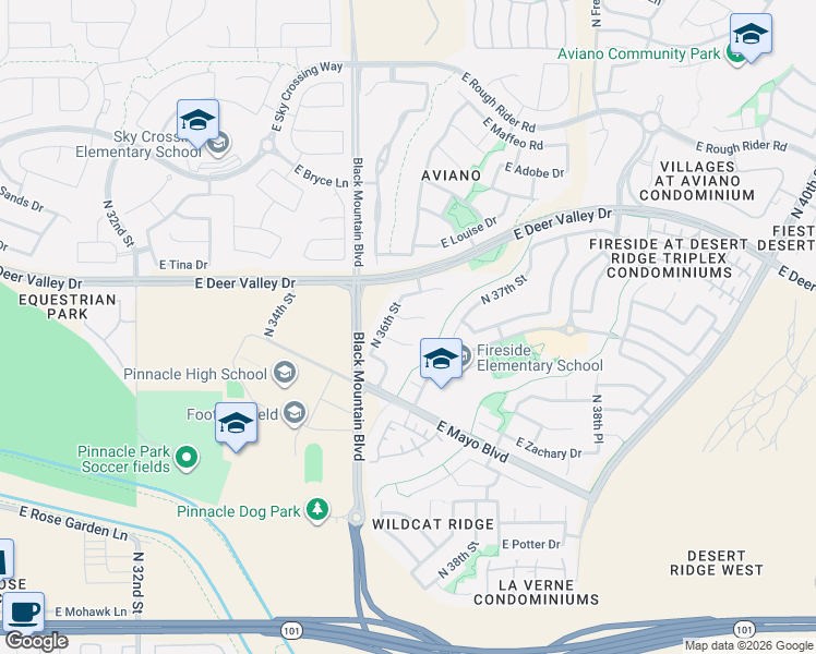 map of restaurants, bars, coffee shops, grocery stores, and more near 3610 East Half Hitch Place in Phoenix