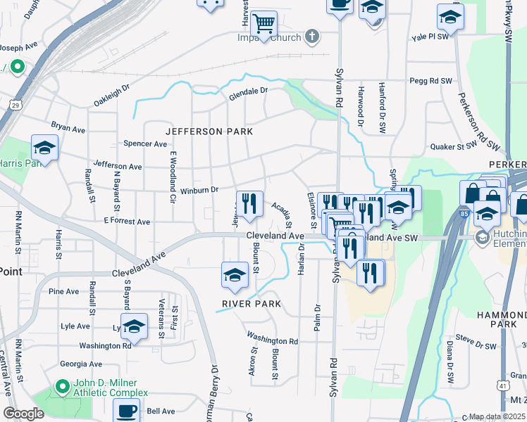 map of restaurants, bars, coffee shops, grocery stores, and more near 2652 Blount Street in East Point
