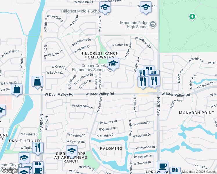 map of restaurants, bars, coffee shops, grocery stores, and more near 7020 West Via Del Sol Drive in Glendale