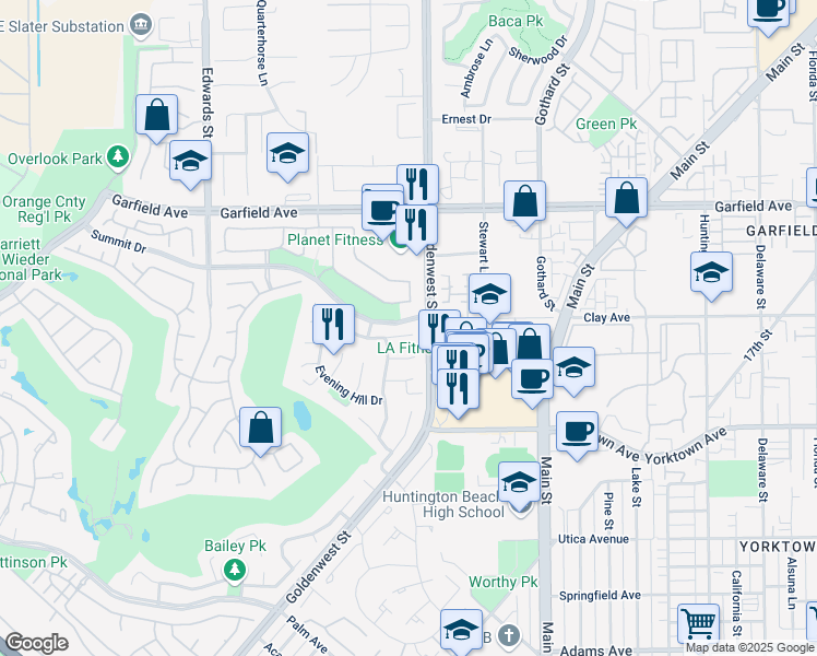 map of restaurants, bars, coffee shops, grocery stores, and more near 6951 Lawn Haven Drive in Huntington Beach