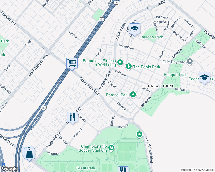 map of restaurants, bars, coffee shops, grocery stores, and more near 130 Interval in Irvine