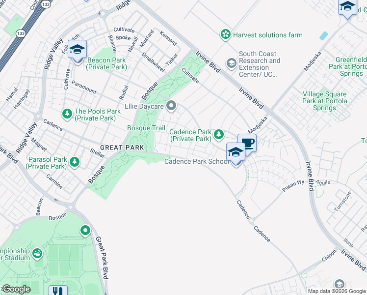 map of restaurants, bars, coffee shops, grocery stores, and more near Scale in Irvine