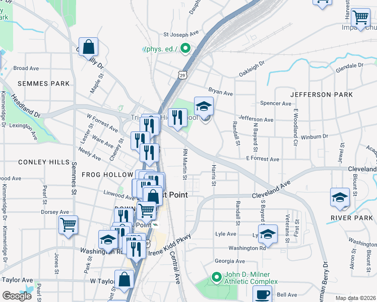 map of restaurants, bars, coffee shops, grocery stores, and more near 1488 East Forrest Avenue in Atlanta