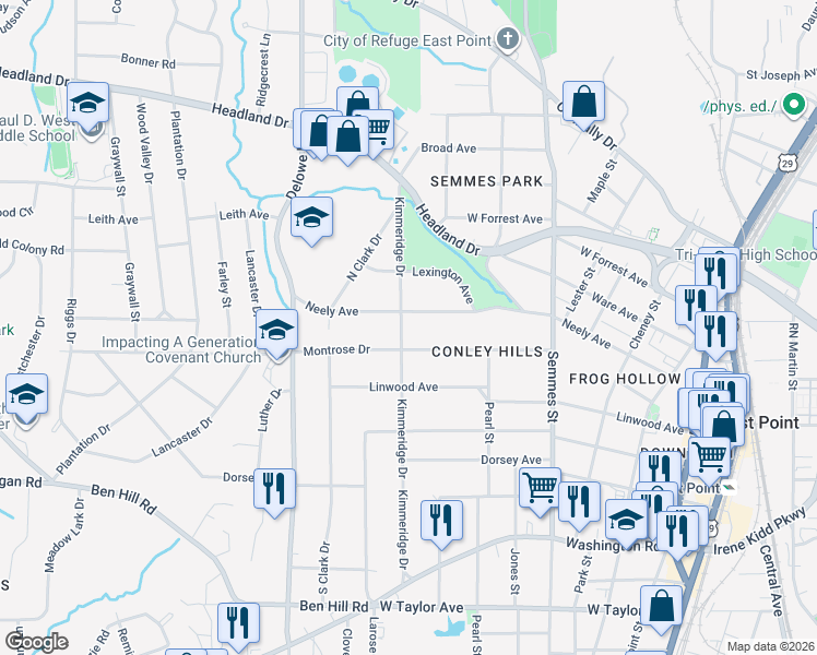 map of restaurants, bars, coffee shops, grocery stores, and more near 2666 Kimmeridge Drive in East Point