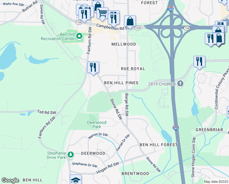 map of restaurants, bars, coffee shops, grocery stores, and more near 3651 Hampshire Park Way in Atlanta