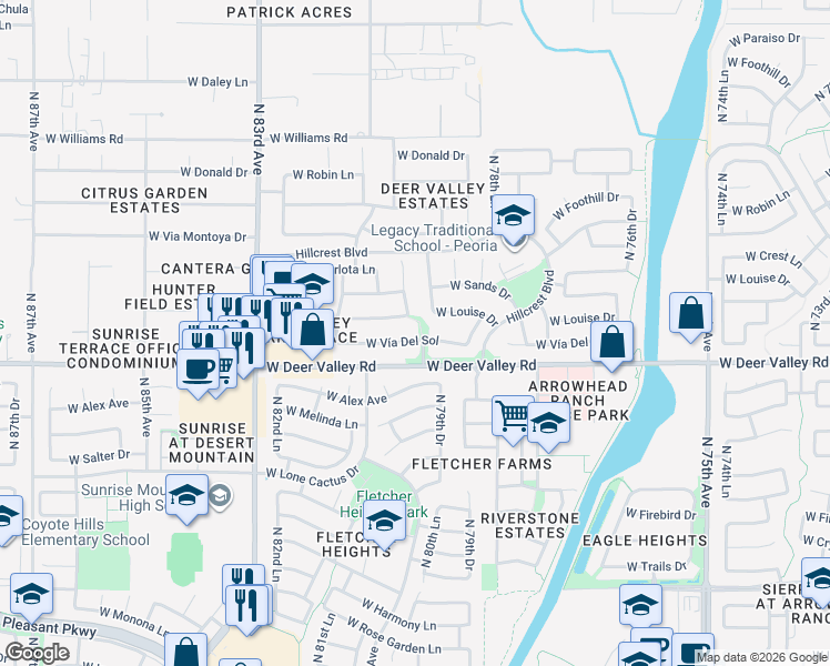 map of restaurants, bars, coffee shops, grocery stores, and more near 8026 West Vía Del Sol in Peoria