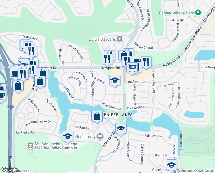 map of restaurants, bars, coffee shops, grocery stores, and more near 30176 Calle Pompeii in Menifee